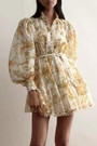 Spring New Stylish Inelastic Flower & Leaf Batch Printing Single-Breasted Lace Spliced Lantern Sleeve High Quality Elegant Mini Dress With White Mini Dress & Belt