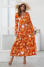 Spring New Stylish Orange Batch Printing Single Breasted Micro Elastic Loose Slit Plus Size Casual Maxi Dress