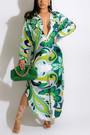 Spring New Stylish Two Colors Inelastic Batch Printing Single-Breasted Long Sleeves Split Loose Casual Maxi Dress