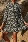 Spring & Summer New 2 Colors Floral Batch Printing Inelastic Crew Neck Nipped Waist Button Stylish Retro A-Line Mini Dress