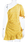 Spring & Summer New Floral Batch Printing Inelastic One Shoulder Shirring Ruffle Decor Zip-Up Slim Stylish Retro Mini Dress