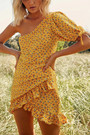 Spring & Summer New Floral Batch Printing Inelastic One Shoulder Shirring Ruffle Decor Zip-Up Slim Stylish Retro Mini Dress