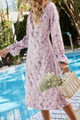 Spring & Summer New Floral Batch Printing Micro-Elastic Puff Sleeves Lace Up Shirring Stylish Holiday A-Line Midi Dress