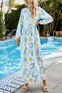 Spring & Summer New Floral Batch Printing Micro-Elastic V-Neck Long Sleeve Shirring Swing Stylish Holiday Bohemian Maxi Dress