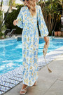 Spring & Summer New Floral Batch Printing Micro-Elastic V-Neck Long Sleeve Shirring Swing Stylish Holiday Bohemian Maxi Dress