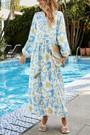 Spring & Summer New Floral Batch Printing Micro-Elastic V-Neck Long Sleeve Shirring Swing Stylish Holiday Bohemian Maxi Dress