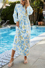 Spring & Summer New Floral Batch Printing Micro-Elastic V-Neck Long Sleeve Shirring Swing Stylish Holiday Bohemian Maxi Dress