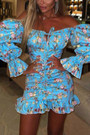 Spring & Summer New Floral Batch Printing Smocked Puff Sleeves Frill Trim Lace Up Zip-Up Bodycon Stylish Mini Dress Floral Dresses