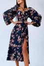 Spring & Summer New Floral Batch Printing Stretch Halter-Neck Hollow Shirring Self-Tie Zip-Up Slit Stylish Midi Dress