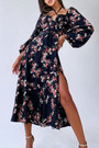 Spring & Summer New Floral Batch Printing Stretch Halter-Neck Hollow Shirring Self-Tie Zip-Up Slit Stylish Midi Dress