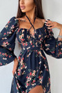 Spring & Summer New Floral Batch Printing Stretch Halter-Neck Hollow Shirring Self-Tie Zip-Up Slit Stylish Midi Dress