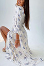 Spring & Summer New Floral Batch Printing Stretch Hollow Halter-Neck Lace Up Shirring Slit Stylish Midi Dress