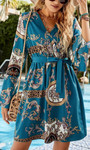 Spring & Summer New Floral & Leopard Batch Printing Trumpet Sleeve V-Neck Nipped Waist Lace Up Stylish Bohemian Mini Dress(With Belt)