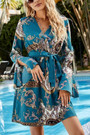 Spring & Summer New Floral & Leopard Batch Printing Trumpet Sleeve V-Neck Nipped Waist Lace Up Stylish Bohemian Mini Dress(With Belt)