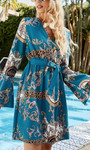 Spring & Summer New Floral & Leopard Batch Printing Trumpet Sleeve V-Neck Nipped Waist Lace Up Stylish Bohemian Mini Dress(With Belt)