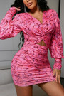 Spring & Summer New Stylish Micro Elastic Petal Printing Long Sleeves Hollow Kink Design Zip-Up Slim Sexy Mini Dress