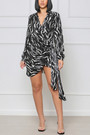 Spring & Summer New Two Colors Inelastic Zebra Printing Long Sleeves Button Lace-Up Casual Mini Dress