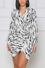 Spring & Summer New Two Colors Inelastic Zebra Printing Long Sleeves Button Lace-Up Casual Mini Dress