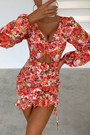 Spring & Summer New V-Neck Floral Batch Printing Stretch Hollow Smocked Frill Trim Lace Up Stylish Retro Mini Dress Sexy Dresses