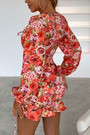 Spring & Summer New V-Neck Floral Batch Printing Stretch Hollow Smocked Frill Trim Lace Up Stylish Retro Mini Dress Sexy Dresses