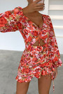 Spring & Summer New V-Neck Floral Batch Printing Stretch Hollow Smocked Frill Trim Lace Up Stylish Retro Mini Dress Sexy Dresses