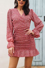 Spring Two Colors Floral Printing Inelastic Chiffon V-Neck Shirring Stylish Vacation Style Mini Dress