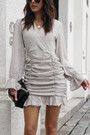 Spring Two Colors Floral Printing Inelastic Chiffon V-Neck Shirring Stylish Vacation Style Mini Dress