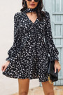 Spring Two Colors Floral Printing Micro-Elastic Chiffon V-Neck Drawstring Stylish Casual Vacation Style Mini Dress With Neck Scarf