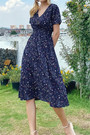 Summer 9 Colors Short-Sleeve Floral Batch Print V-Neck New Stylish Holiday Dress