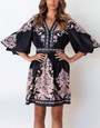 Summer Ethnic Vintage Style Elbow Lantern Sleeves V-Neckline Fixed Printing Non-Elastic Various Patterns Plus Size Casual Mini Dress
