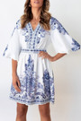 Summer Ethnic Vintage Style Elbow Lantern Sleeves V-Neckline Fixed Printing Non-Elastic Various Patterns Plus Size Casual Mini Dress