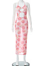 Summer Fashion Mesh Batch Printing Halter-Neck Lace-Up Heart Shape Connected Cutout Stretch Sexy Midi Dress