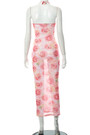 Summer Fashion Mesh Batch Printing Halter-Neck Lace-Up Heart Shape Connected Cutout Stretch Sexy Midi Dress