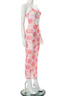 Summer Fashion Mesh Batch Printing Halter-Neck Lace-Up Heart Shape Connected Cutout Stretch Sexy Midi Dress