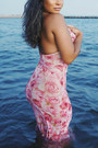 Summer Fashion Mesh Batch Printing Halter-Neck Lace-Up Heart Shape Connected Cutout Stretch Sexy Midi Dress