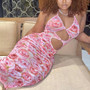 Summer Fashion Mesh Batch Printing Halter-Neck Lace-Up Heart Shape Connected Cutout Stretch Sexy Midi Dress