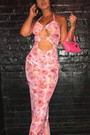 Summer Fashion Mesh Batch Printing Halter-Neck Lace-Up Heart Shape Connected Cutout Stretch Sexy Midi Dress