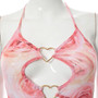 Summer Fashion Mesh Batch Printing Halter-Neck Lace-Up Heart Shape Connected Cutout Stretch Sexy Midi Dress