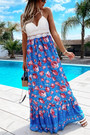 Summer New 2 Colors Crochet Floral Printing Patchwork Mirco-Elastic Halter-Neck Lace Up Swing Stylish Holiday Spaghettti String Maxi Dress