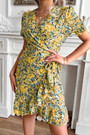 Summer New 2 Colors Floarl Batch Printing Inelastic V Neck Crossed Design Nipped Waist Ruffle Irregualr Stylish Retro Mini Dress(With Belt)