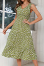 Summer New 2 Colors Floral Batch Printing Chiffon Micro-Elastic V Neck Ruffle Shirring Swing Stylish Holiday Midi Dress