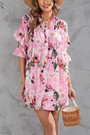 Summer New 2 Colors Floral Batch Printing Stretch V Neck Single Breasted Ruffle Smocked Stylish Casual Mini Dress