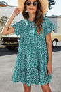 Summer New 2 Colors Floral Printing Pleated Round Neck Short Sleeve Loose Casual Inelastic Mini Dress