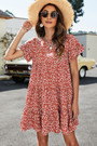Summer New 2 Colors Floral Printing Pleated Round Neck Short Sleeve Loose Casual Inelastic Mini Dress