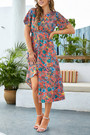Summer New 3 Colors Chiffon Floral Batch Printing Micro-Elastic Crew Neck Hollow Backless Shirring Swing Stylish Retro Midi Dress