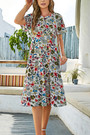 Summer New 3 Colors Chiffon Floral Batch Printing Micro-Elastic Crew Neck Hollow Backless Shirring Swing Stylish Retro Midi Dress