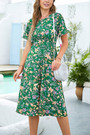 Summer New 3 Colors Chiffon Floral Batch Printing Micro-Elastic Crew Neck Hollow Backless Shirring Swing Stylish Retro Midi Dress