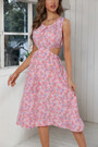 Summer New 3 Colors Chiffon Floral Batch Printing Micro-Elastic Strappy Hollow Shirring Swing Stylish Bohemian Midi Dress