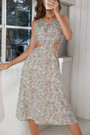 Summer New 3 Colors Chiffon Floral Batch Printing Micro-Elastic Strappy Hollow Shirring Swing Stylish Bohemian Midi Dress