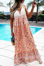 Summer New 3 Colors Crochet Floral Printing Patchwork Mirco-Elastic Halter-Neck Tessel Decor Lace Up Swing Stylish Holiday Spaghettti String Maxi Dress